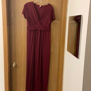 Short Sleeve, V Neck, Maroon Maxi Dress, XL